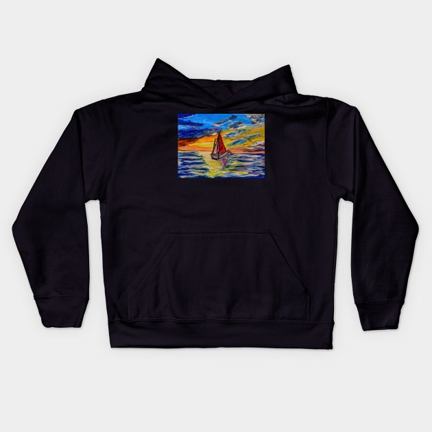 landscape painting of a boat out sailing at sunset Kids Hoodie by kkartwork